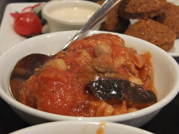 moussaka and falafel at Fakhreldine