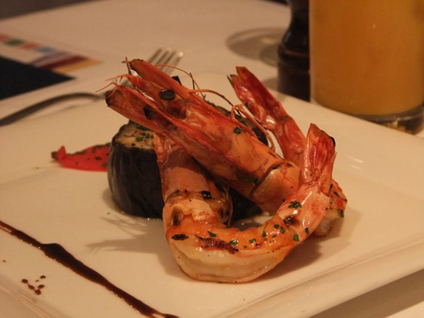 grilled king prawns with aubergine at babbo london