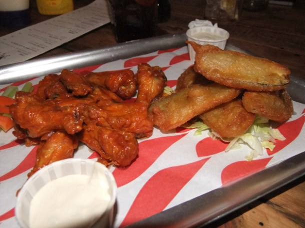 deep fried pickles and buffalo wings at Meatliqour deep fried pickles and buffalo wings at meatliqour