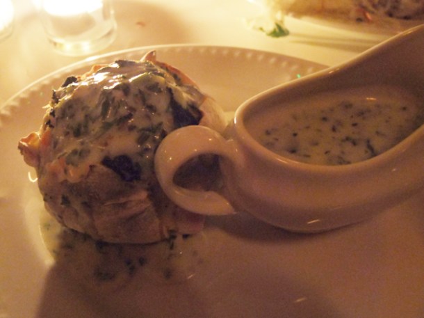 white fish and spinach knish with parsley liqour at Mishkin's white fish and spinach knish with parsley liqour at mishkin's