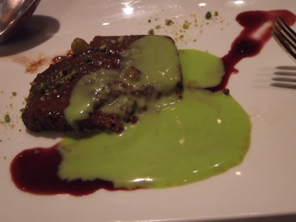 chocolate parfait in pistachio creme anglais at Trois Garçons chocolate parfait in pistachio creme anglais at trois garcons
