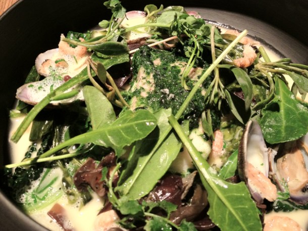 herb coated steamed sea bass with poached clams in lemon puree at tom aikens