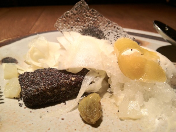 honey, goat's curd, ice cream and pernod cured fennel at tom aikens
