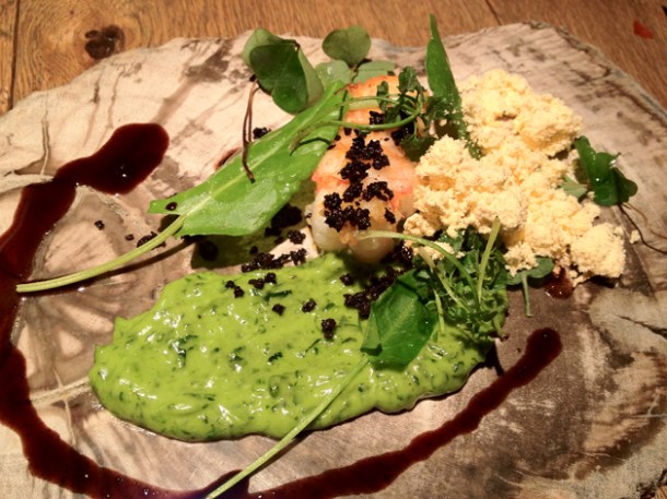 roast langoustine with black olive crumb at tom aikens