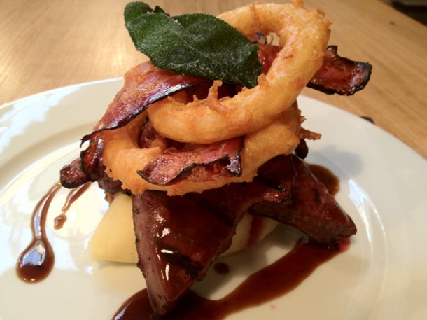 liver, bacon and onion rings at tom's kitchen kensington and chelsea
