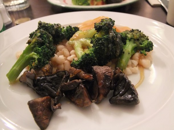 roasted broccoli with white beans, pickled mushrooms and braised swede at Orchard Holborn roasted broccoli with white beans, pickled mushrooms and braised swede at orchard holborn