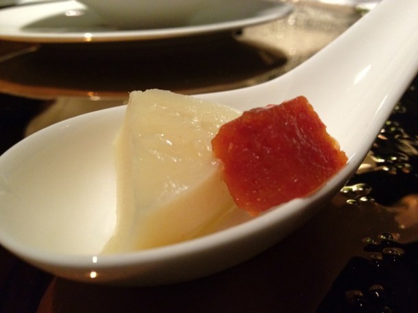 cheese and quince - parsnip and tomato jelly at moments mandarin oriental hotel barcelona