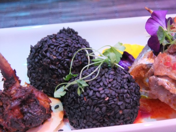 jerk chicken tulips and black sesame and broad bean fondants at bubba's