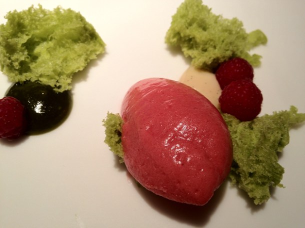 raspberry sorbet with vanilla cream and pistachio cake at Cinc Sentits raspberry sorbet with vanilla cream and pistachio cake at cinc sentits