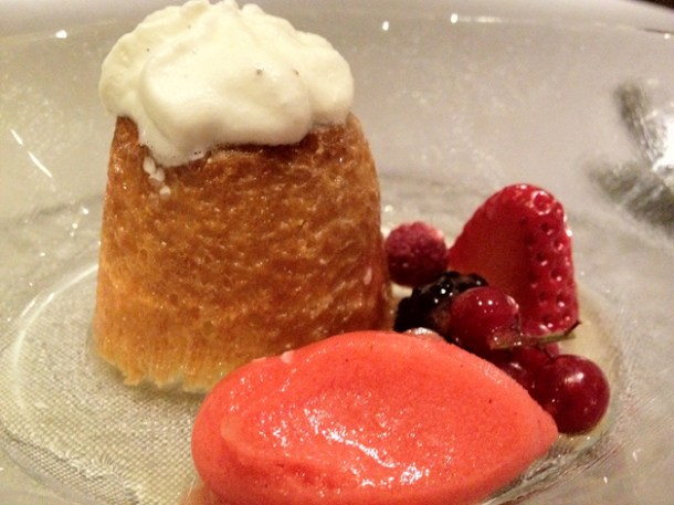 rum baba with red fruits at saüc