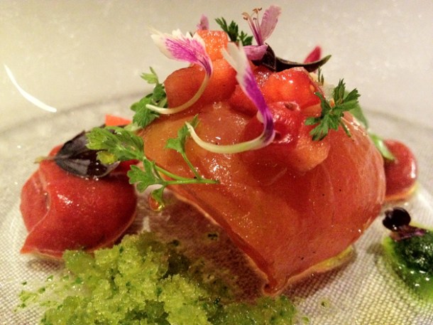 tomato in strawberry sauce with basil granita at saüc
