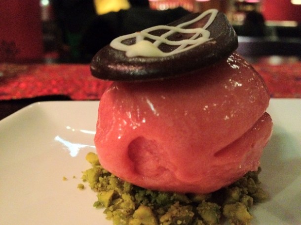 pistachio sorbet accompanying the mango and cardamom creme brulee at carom