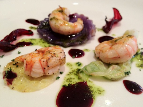 prawns, pisco and hibiscus at gelonch
