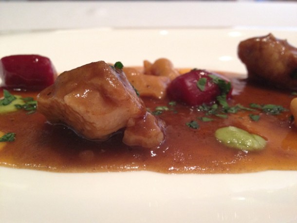 veal sweet breads and cod innards with beetroot gnocchi at gelonch
