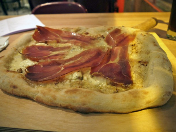 speck, mascarpone, mozzarella and walnut pizza at meter old street