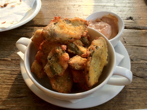 fried pickles and okra at Duke's Brew and Que deep fried pickles and okra at dukes brew and que