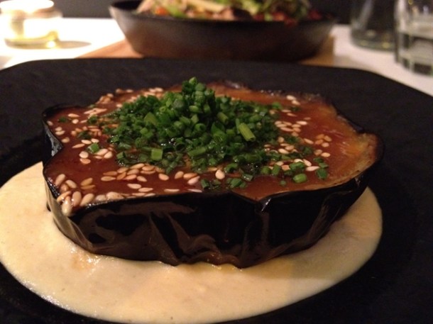 grilled eggplant with sweet miso on hummus at tapasia