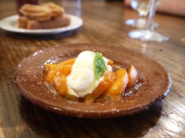 apricots, creme fraiche, pine nuts and honey at copita