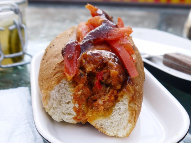 bite of Chilli Dog at Dach and Sons inside the chilli dog at dach and sons