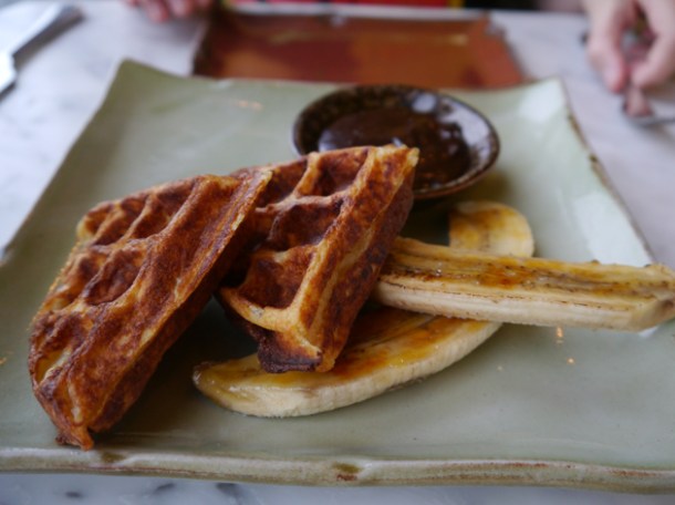 banana and nutella belgian waffles at duck and waffle