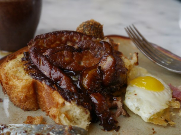 close up of foie gras all day breakfast at duck and waffle