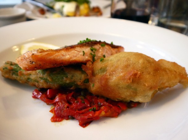 sea trout and dorset crab filled courgette flower at 10 greek street