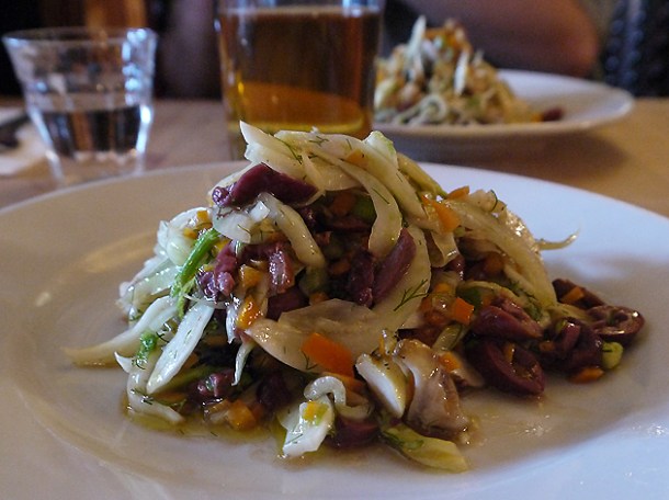 whelk, fennel, olives and pickled orange salad at great queen street