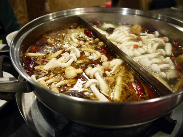 spicy peppery hot pot broth at tian xiang huwei hot pot