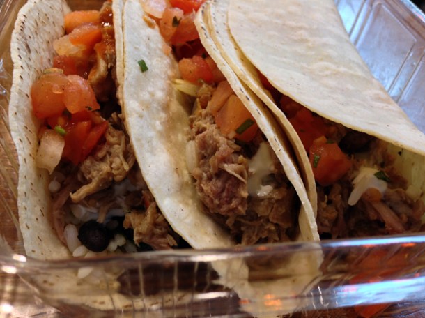 pork tacos at flying burrito