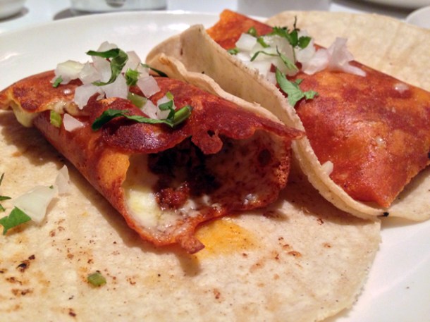 chorizo with cheese tacos at taqueria