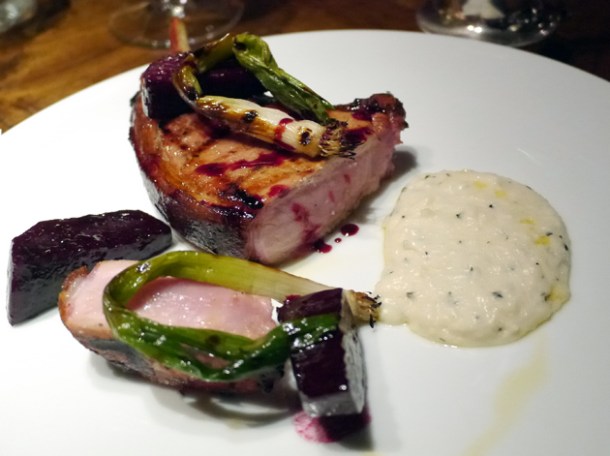 pork chop with polenta and beetroot at social eating house