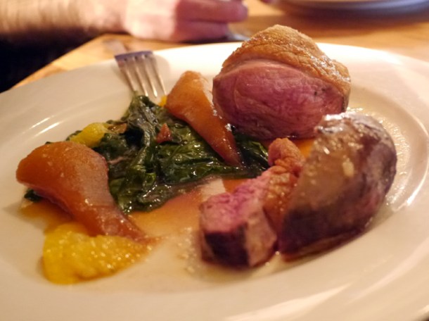 rare duck breast with oranges, pears and spinach at pizarro