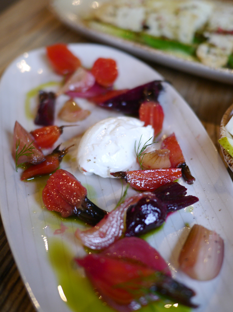 beetroot, pickled onions and goat labneh at grain store king's cross