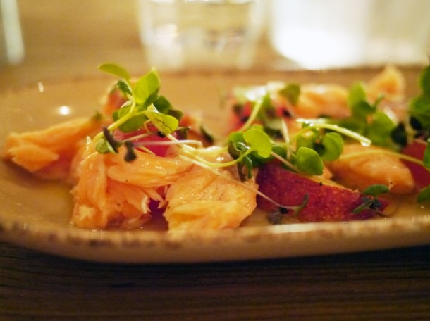confit salmon with salted watermelon and peaches at grain store granary square
