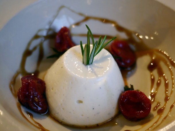 spiced candied tomatoes and goat's milk panna cotta at grain store king's cross