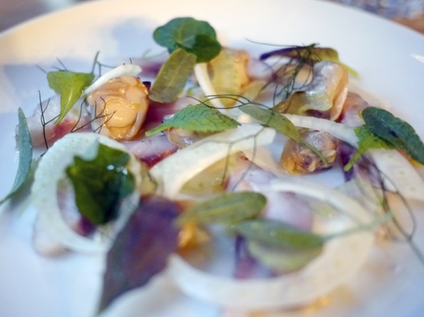 smoked mullet with pickled clams and sea purslane at smokehouse