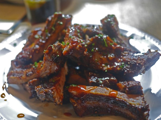 baby back ribs at bbq whiskey beer