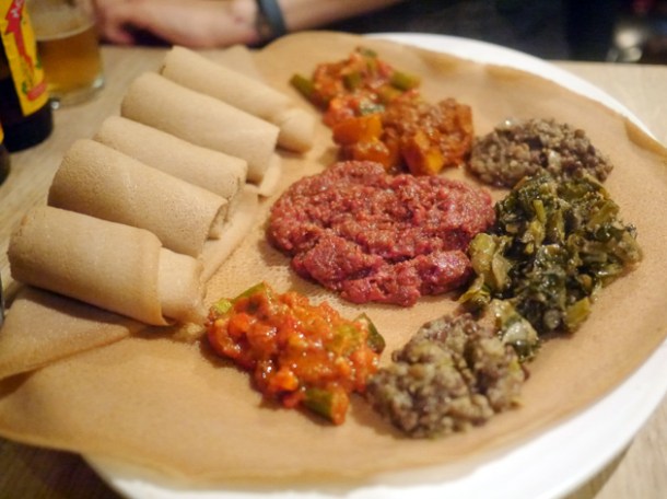 injera with food at lalibela