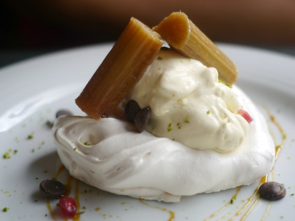 pavlova and poached rhubarb at meat people