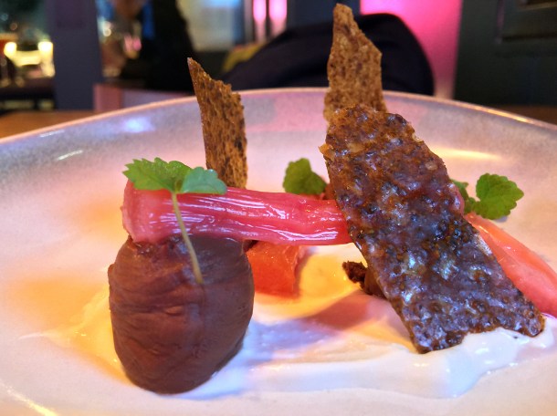 illustrative photo of the rhubarb with chocolate mousse at Ember Yard