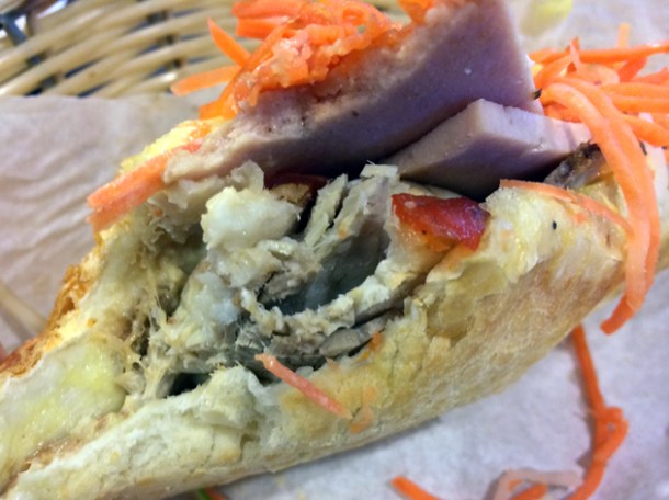close up of classic saigon banh mi at aobaba elephant and castle