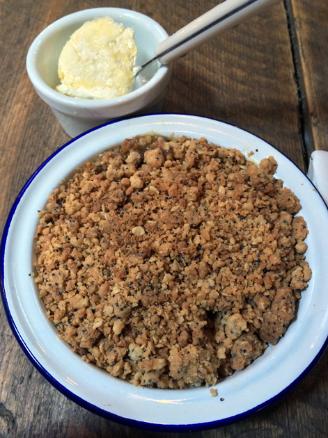 apple and cloudberry crumble with clotted cream at barnyard