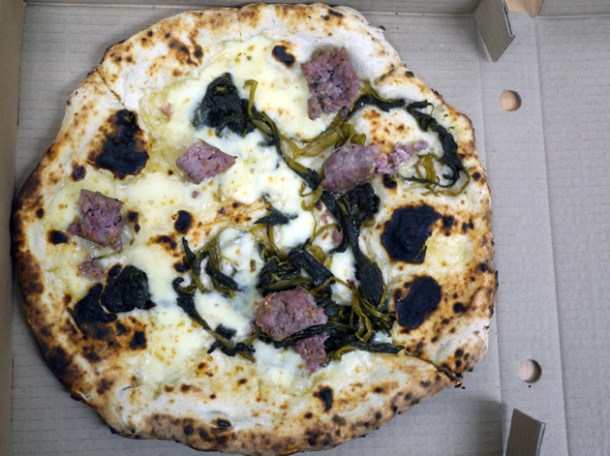 broccoli, mozzarella and gloucester old spot sausage pizza from franco manca tottenham court road