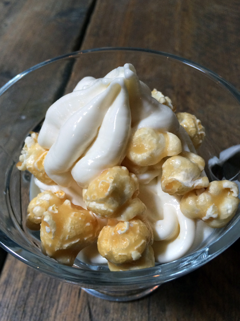 popcorn ice cream with smoked fudge sauce at barnyard