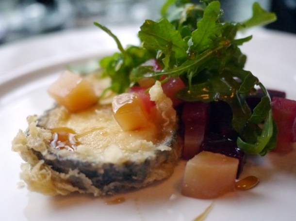 fried monte enebro with beetroot cubes at 8 hoxton square