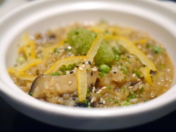 rice hot pot with mushrooms and wasabi tobiko at kurobuta marble arch