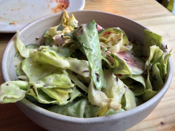 hispi cabbage, watermelon radish, dill, yoghurt and caraway at rawduck