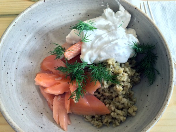 hot smoked trout with coconut yoghurt and freekeh at rawduck