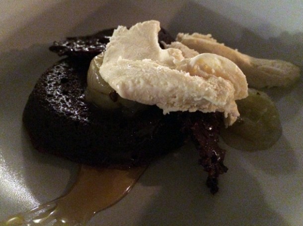 chocolate ganache with lavender ice cream, hazelnut and gooseberries at heirloom crouch end