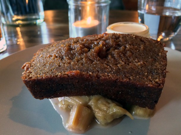 treacle bread with clotted cream and rhubarb at heirloom crouch end
